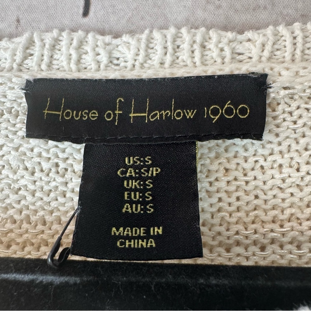 House of Harlow 1960 Small Knit Sweater Top Short Puff Sleeve Cream Cottage Sm S - Picture 2 of 6